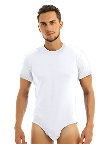 Agoky Herren Body Männer Einteiler Unterwäsche Kurzarm Unterhemd Rundhals T-Shirt Einfarbig Baumwolle Tops und Ouvert Slip mit Knöpfe im Schritt Weiß XXL von Agoky