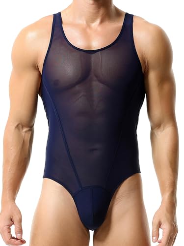 Agoky Herren Body Transparent Unterwäsche mit Küsse Dessous Top Unterhemd rückenfreie Bodysuit mit String Tanga sexy Nachtwäsche Dunkelblau F XL von Agoky