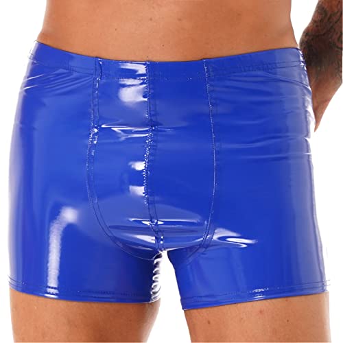 Agoky Herren Boxer Wetlook Dessous Unterhosen Lack Leder Glanz Shorts mit Reiverschluss Hose Hot Pants Clubwear Blau E L von Agoky