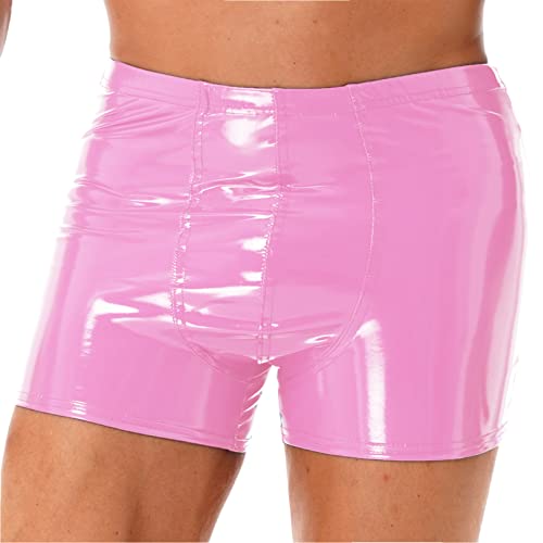 Agoky Herren Boxer Wetlook Dessous Unterhosen Lack Leder Glanz Shorts mit Reiverschluss Hose Hot Pants Clubwear Pink E 4XL von Agoky