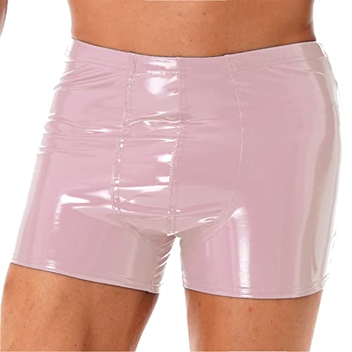 Agoky Herren Boxer Wetlook Dessous Unterhosen Lack Leder Glanz Shorts mit Reiverschluss Hose Hot Pants Clubwear Rosa E 3XL von Agoky