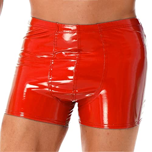Agoky Herren Boxer Wetlook Dessous Unterhosen Lack Leder Glanz Shorts mit Reiverschluss Hose Hot Pants Clubwear Rot E 4XL von Agoky