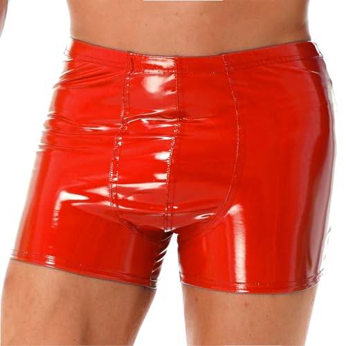 Agoky Herren Boxer Wetlook Dessous Unterhosen Lack Leder Glanz Shorts mit Reiverschluss Hose Hot Pants Clubwear Rot E XXL von Agoky