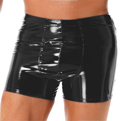Agoky Herren Boxer Wetlook Dessous Unterhosen Lack Leder Glanz Shorts mit Reiverschluss Hose Hot Pants Clubwear Schwarz E 3XL von Agoky