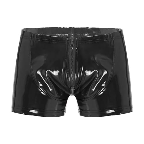 Agoky Herren Boxer Wetlook Dessous Unterhosen Lack Leder Glanz Shorts mit Reiverschluss Hose Hot Pants Clubwear Schwarz F M von Agoky