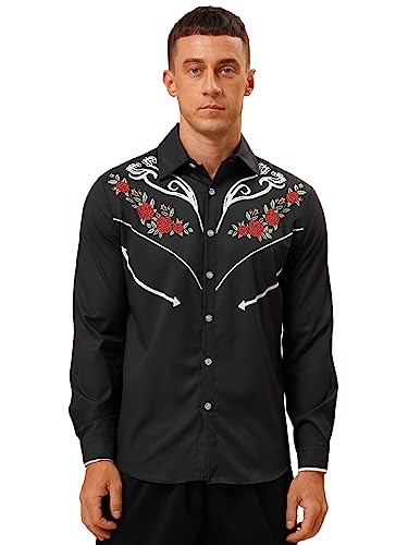 Agoky Herren Cowboy Hemd Langarm Westernhemd Gemustert Kentkragen Geknöpfte Freizeithemd Regular Fit Oberhemd Oxford Shirts Stretch Blusen Schwarz 4XL von Agoky