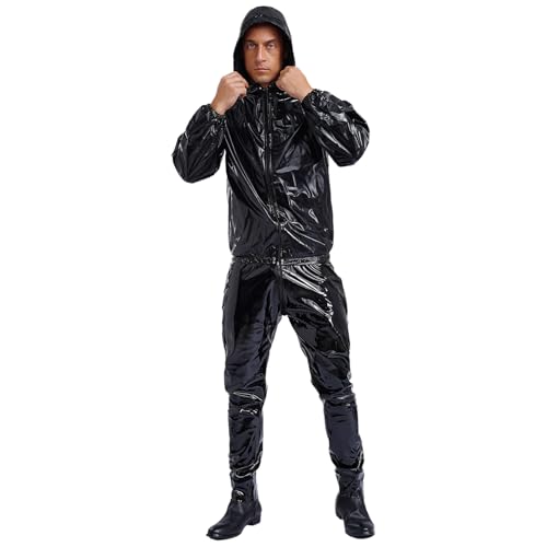 Agoky Herren Damen Metallic Sport Kleidung Set Glänzend Trainingsanzug Sportanzug Jogginganzug Hooded Shirt Top und Hose Motto Party Clubwear Schwarz XXL von Agoky