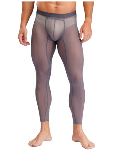 Agoky Herren Durchsichtige Lange Unterhosen mit Weichbund Mesh Hose Bulge Beutel Strumpfhose ohne Fuß Sport Leggings Tights Kompressionshose Dunkelgrau XL von Agoky