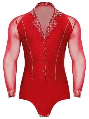 Agoky Herren Glitzer Leotard Tiefer V Ausschnitt Langarm Body Hemd Transparent Mesh Spleiß Latein Tanz Shirts Overalls Jumpsuit Eiskunstlauf Bekleidung Rot XXL von Agoky