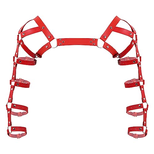 Agoky Herren Harness Gothic Punk PU Leder Körper Geschirr Fetisch Schulterbandage Erotik Reizwäsche Clubwear mit Metall O-Ringe Rot Einheitsgröße von Agoky