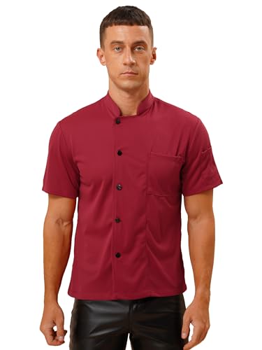 Agoky Herren Kochjacke Bäckerjacke Kurzarm Koch Uniform Sommer Hemd mit Knopfleiste Brusttasche Chef Oberteile Küche Restaurant Arbeitshemd Rot 4XL von Agoky