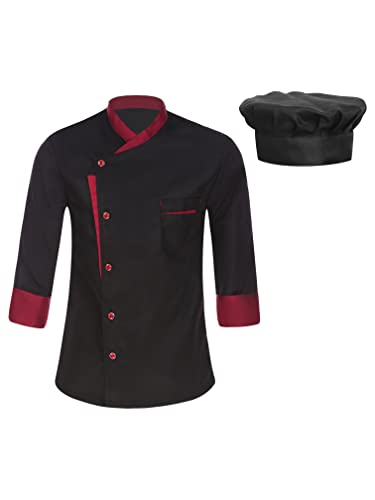 Agoky Herren Kochjacken Bäckerjacke Kochmantel Koch Uniform mit Druckknöpfe Arbeitshemd Schwarz mit Hut M von Agoky
