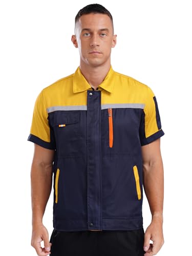 Agoky Herren Kurzarm Arbeitshemd Farbblock Hemden Blusen mit Reisverschluss Multi Taschen Handwerker KFZ Gärtner Mechaniker Uniform Oberteil Gelb Marineblau L Agoky Herren Kurzarm Arbeitshemd Farbblock Hemden Blusen mit Reisverschluss Multi Taschen Handwerker KFZ Gärtner Mechaniker Uniform Oberteil Gelb Marineblau L von Agoky