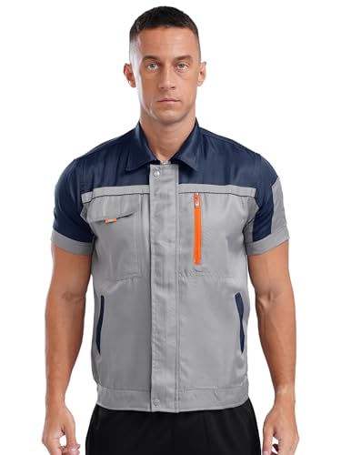Agoky Herren Kurzarm Arbeitshemd Farbblock Hemden Blusen mit Reisverschluss Multi Taschen Handwerker KFZ Gärtner Mechaniker Uniform Oberteil Marineblau Grau XXL Agoky Herren Kurzarm Arbeitshemd Farbblock Hemden Blusen mit Reisverschluss Multi Taschen Handwerker KFZ Gärtner Mechaniker Uniform Oberteil Marineblau Grau XXL von Agoky