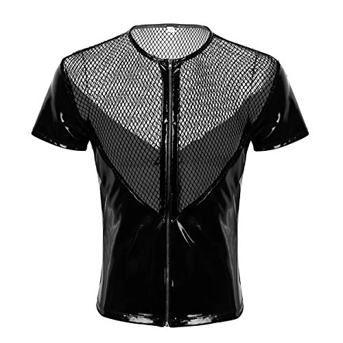 Agoky Herren Kurzarm Hemd Sommer T-Shirt mit Rundhalsausschnitt Lack Leder Unterhemd Netz Spleiß Top Oberteil -Vorderer Reisverschluss Schwarz XL von Agoky