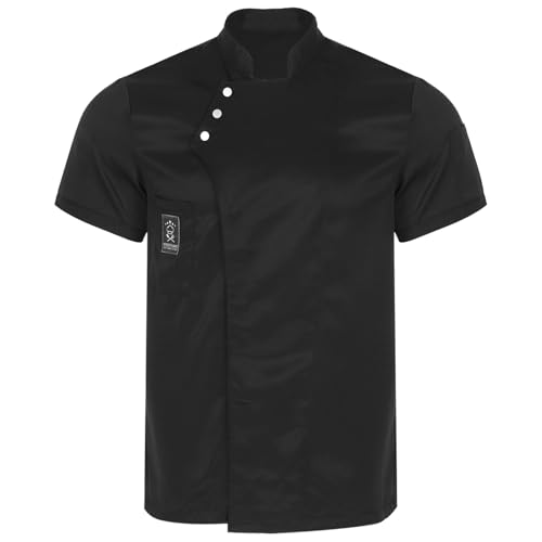 Agoky Herren Kurzarm Kochjacke Bäckerjacke Sommer Koch Uniform Oberteile Stehkragen Hemd mit Knopfleiste Brusttasche Küche Restaurant Arbeitshemd Schwarz M von Agoky