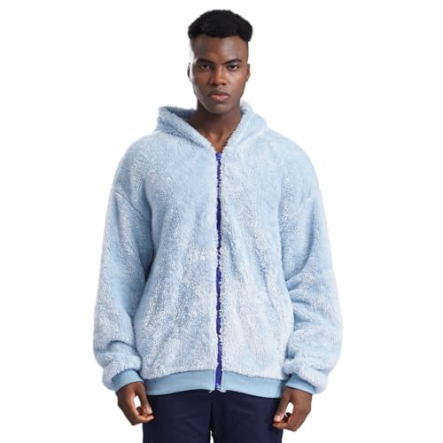 Agoky Herren Kuscheljacke Loose Fit Kapuzenpullover Sweatshirt weicher Jacke Mantel mit Zipper Vorne Hausanzug Freizeitanzug Oberteil Hellblau XL von Agoky