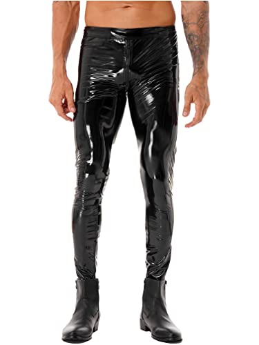 Agoky Herren Lack Leder Hose Lange Pants Wetlook Hose Slim Fit Leggins mit ZweiWege Reißverschluss Sexy Männer Latex Party Club Kostüm Schwarz 3XL von Agoky