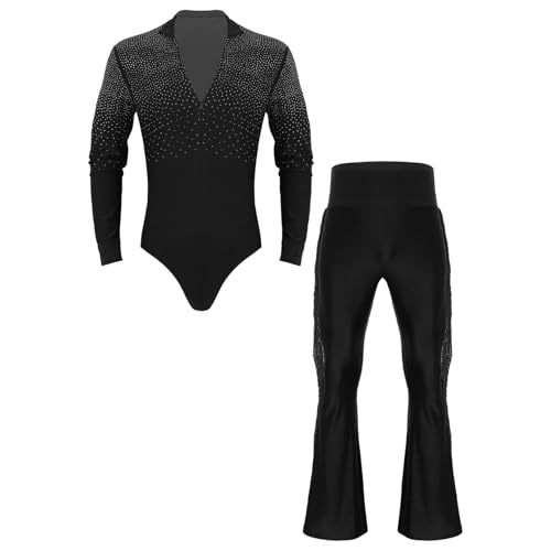 Agoky Herren Langarm Body V Ausschnitt Latein Bodysuit mit Lange Standard Anzug Hose Ausgestellt Tanzhose Zweiteiler Tanzbekleidung Schwarz L von Agoky