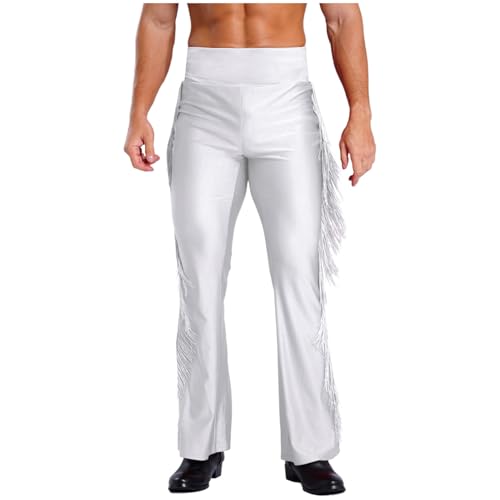 Agoky Herren Lange Hose mit Schlag Fransen High Waist Stoffhose Bell Bottom Jazz Pants Tango Samba Rumba Walzer Kostüm Weiß M von Agoky