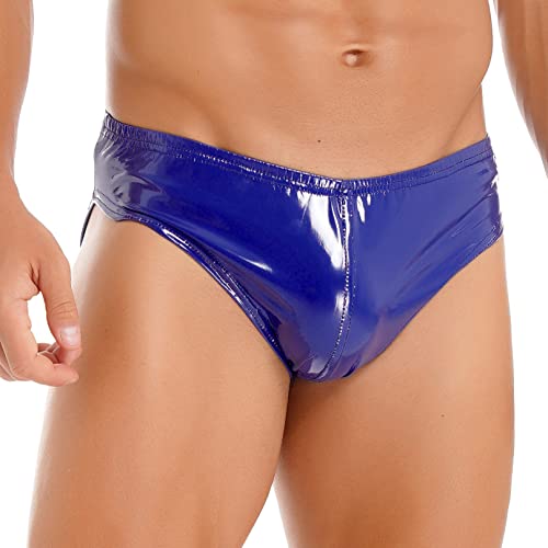 Agoky Herren Leder Boxershorts Lack glänzend Optik Wetlook sexy Unterwäsche Reizwäsche für Männer Clubwear sexy Slips Tanga Shorts Blau XXL von Agoky