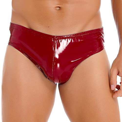 Agoky Herren Leder Boxershorts Lack glänzend Optik Wetlook sexy Unterwäsche Reizwäsche für Männer Clubwear sexy Slips Tanga Shorts Rot 4XL von Agoky