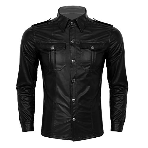 Agoky Herren Leder Hemd Slim Fit Langarm Freizeithemd mit Kentkragen Brusttaschen Stretch Uniform Top Wetlook Oberteile Sexy Clubwear Schwarz L von Agoky