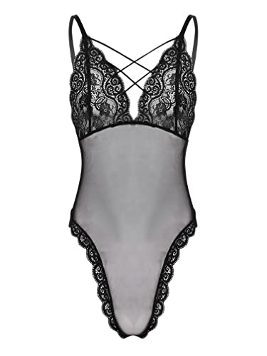 Agoky Herren Männer Sissy Dessous Träger Bodysuit Unterwäsche Spitzen Lingerie durchsichtig Stringbody Rüschen Nachtwäsche Schwarz C 4XL von Agoky