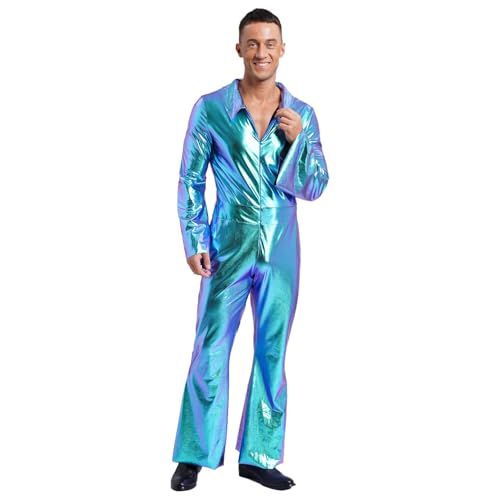Agoky Herren Metallic Jumpsuit Langarm Overall mit Kentkragen Zipper Lange Hose mit Schlag 70er 80er Jahre Disco Tanz Outfits Blau S von Agoky
