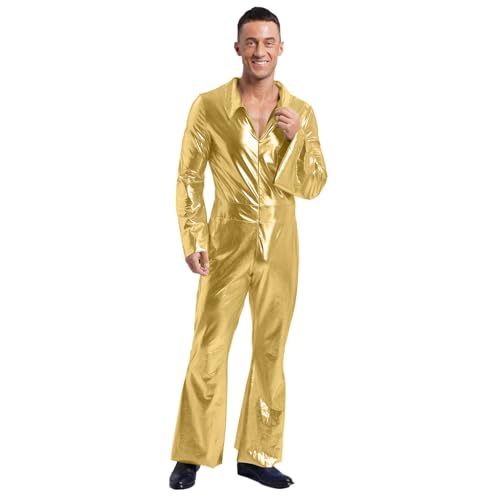 Agoky Herren Metallic Jumpsuit Langarm Overall mit Kentkragen Zipper Lange Hose mit Schlag 70er 80er Jahre Disco Tanz Outfits Gold XXL von Agoky