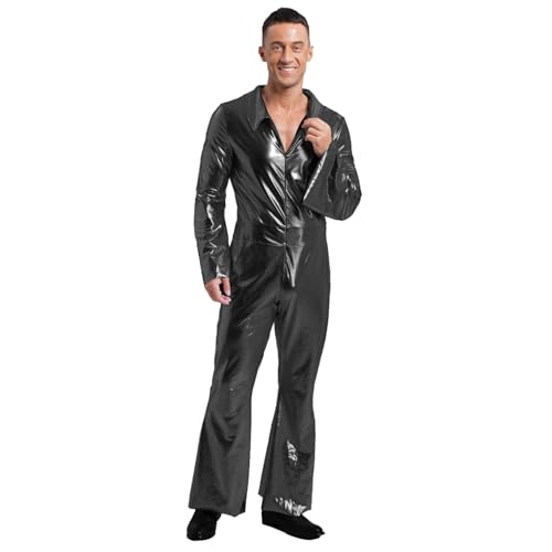 Agoky Herren Metallic Jumpsuit Langarm Overall mit Kentkragen Zipper Lange Hose mit Schlag 70er 80er Jahre Disco Tanz Outfits Schwarz XXL von Agoky
