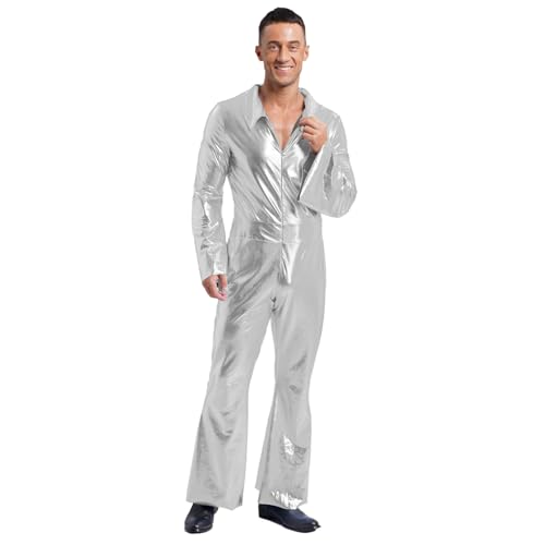 Agoky Herren Metallic Jumpsuit Langarm Overall mit Kentkragen Zipper Lange Hose mit Schlag 70er 80er Jahre Disco Tanz Outfits Silber 4XL von Agoky
