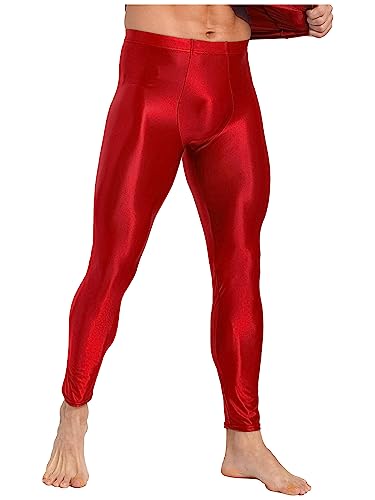 Agoky Herren Metallic Lange Unterhosen mit Weichbund Glatte ÖL Glanz Hose Strumpfhose ohne Fuß Leggings Sport Leggins Tights Kompressionshose Burgundy XL von Agoky