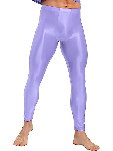 Agoky Herren Metallic Lange Unterhosen mit Weichbund Glatte ÖL Glanz Hose Strumpfhose ohne Fuß Leggings Sport Leggins Tights Kompressionshose Helles Lila XXL von Agoky