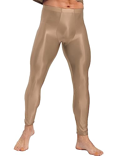 Agoky Herren Metallic Lange Unterhosen mit Weichbund Glatte ÖL Glanz Hose Strumpfhose ohne Fuß Leggings Sport Leggins Tights Kompressionshose Kaffee XL von Agoky