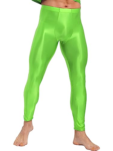 Agoky Herren Metallic Lange Unterhosen mit Weichbund Glatte ÖL Glanz Hose Strumpfhose ohne Fuß Leggings Sport Leggins Tights Kompressionshose Leuchtendes Grün L von Agoky