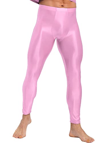 Agoky Herren Metallic Lange Unterhosen mit Weichbund Glatte ÖL Glanz Hose Strumpfhose ohne Fuß Leggings Sport Leggins Tights Kompressionshose Rosa L von Agoky