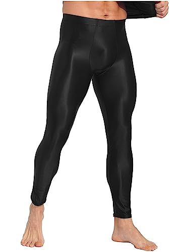 Agoky Herren Metallic Lange Unterhosen mit Weichbund Glatte ÖL Glanz Hose Strumpfhose ohne Fuß Leggings Sport Leggins Tights Kompressionshose Schwarz XL von Agoky