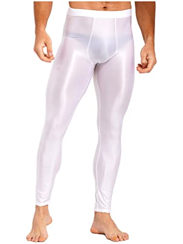 Agoky Herren Metallic Lange Unterhosen mit Weichbund Glatte ÖL Glanz Hose Strumpfhose ohne Fuß Leggings Sport Leggins Tights Kompressionshose Weiß M von Agoky