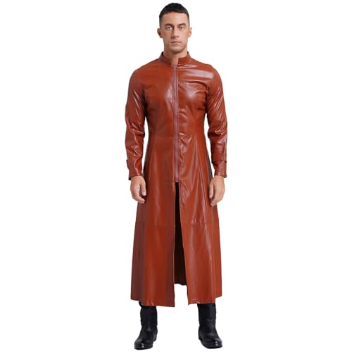 Agoky Herren Metallic Ledermantel Jacke Übergangsjacke Trenchcoat Stehkragen mit Reisverschluss Party Jacket Gothic Punk Kostüm Clubwear Braun 3XL von Agoky