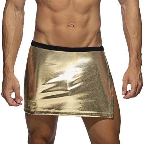 Agoky Herren Metallic Rock Sexy Minirock mit Schlitz Reizvolle Wickelrock Kilt Kurz Röckchen Erotische Nachtwäsche String Tanga Abdeckung Tuch Clubwear Gold One Size von Agoky