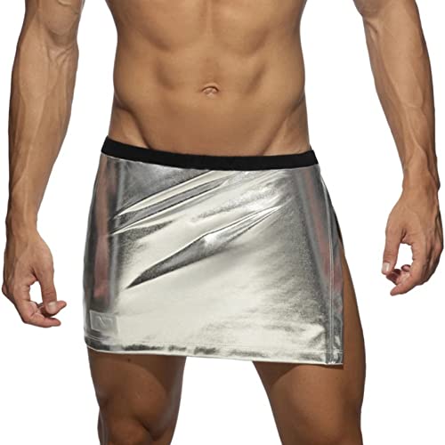 Agoky Herren Metallic Rock Sexy Minirock mit Schlitz Reizvolle Wickelrock Kilt Kurz Röckchen Erotische Nachtwäsche String Tanga Abdeckung Tuch Clubwear Silber One Size von Agoky