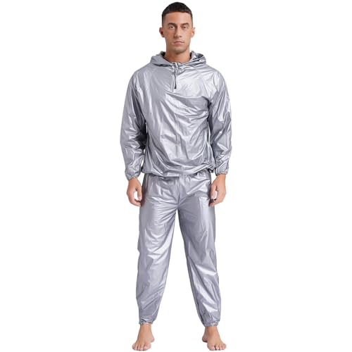 Agoky Herren Metallic Trainingsanzug Lack Leder Sportanzug Jogginganzug Langarm Shirt mit Kapuze und Sport Hose Jogger Pants Party Clubwear B Silber XXL von Agoky