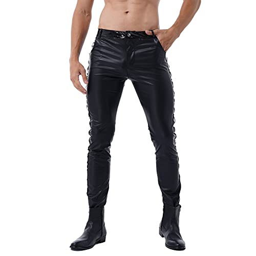 Agoky Herren Motorrad Lederhose schwarz Lange Hose Leggings Slim fit Strech Pants Wetlook Männer Glanz Clubwear M-XL Schwarz C L von Agoky