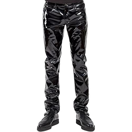 Agoky Herren Motorrad Lederhose schwarz Lange Hose Leggings Slim fit Strech Pants Wetlook Männer Glanz Clubwear M-XL Schwarz D XL von Agoky