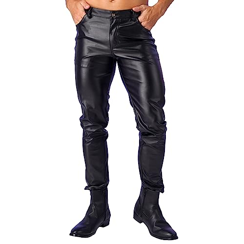 Agoky Herren Motorrad Lederhose schwarz Lange Hose Leggings Slim fit Strech Pants Wetlook Männer Glanz Clubwear M-XL Schwarz F 3XL von Agoky
