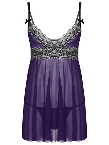 Agoky Herren Nachthemd Schlafanzug Kurz Pyjama 2Pcs Set Schlafoberteil Spitze Top Trägerkleid mit Sissy Bulge Pouch String Slips Tanga reizvoll Dessous Set Schwarz Weiß Lila XXL von Agoky