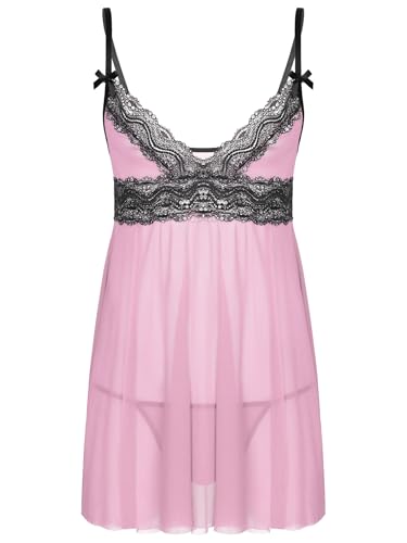 Agoky Herren Nachthemd Schlafanzug Kurz Pyjama 2Pcs Set Schlafoberteil Spitze Top Trägerkleid mit Sissy Bulge Pouch String Slips Tanga reizvoll Dessous Set Schwarz Weiß Rosa XL von Agoky