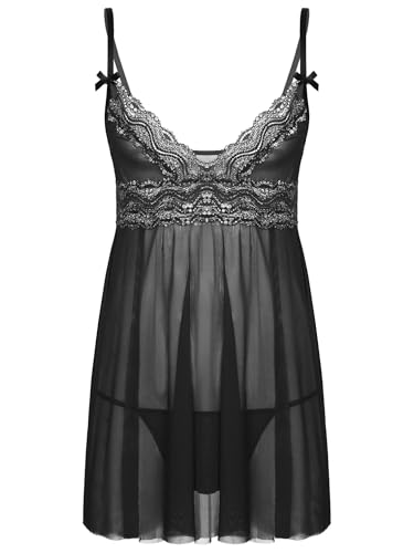 Agoky Herren Nachthemd Schlafanzug Kurz Pyjama 2Pcs Set Schlafoberteil Spitze Top Trägerkleid mit Sissy Bulge Pouch String Slips Tanga reizvoll Dessous Set Schwarz Weiß Schwarz B L von Agoky