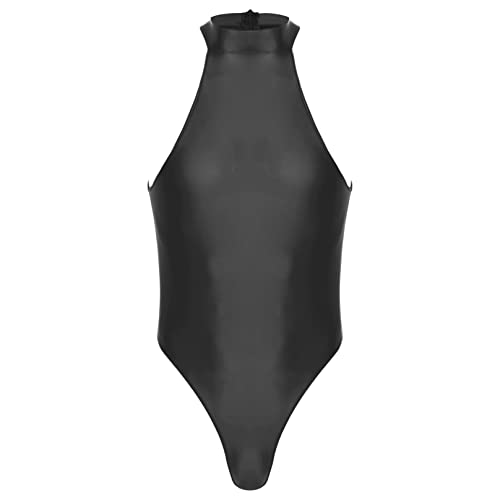 Agoky Herren ÖL Glanz Body Bodysuit Einteiler Kurz mit Reissverschluss Overall Slim Fit Männerbody Neckholder Unterhemd String Tanga Unterwäsche Schwarz XL von Agoky